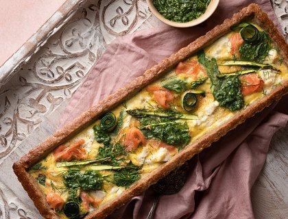 Salmon & Spring Greens Tart with a Walnut & Almond Pastry Crust